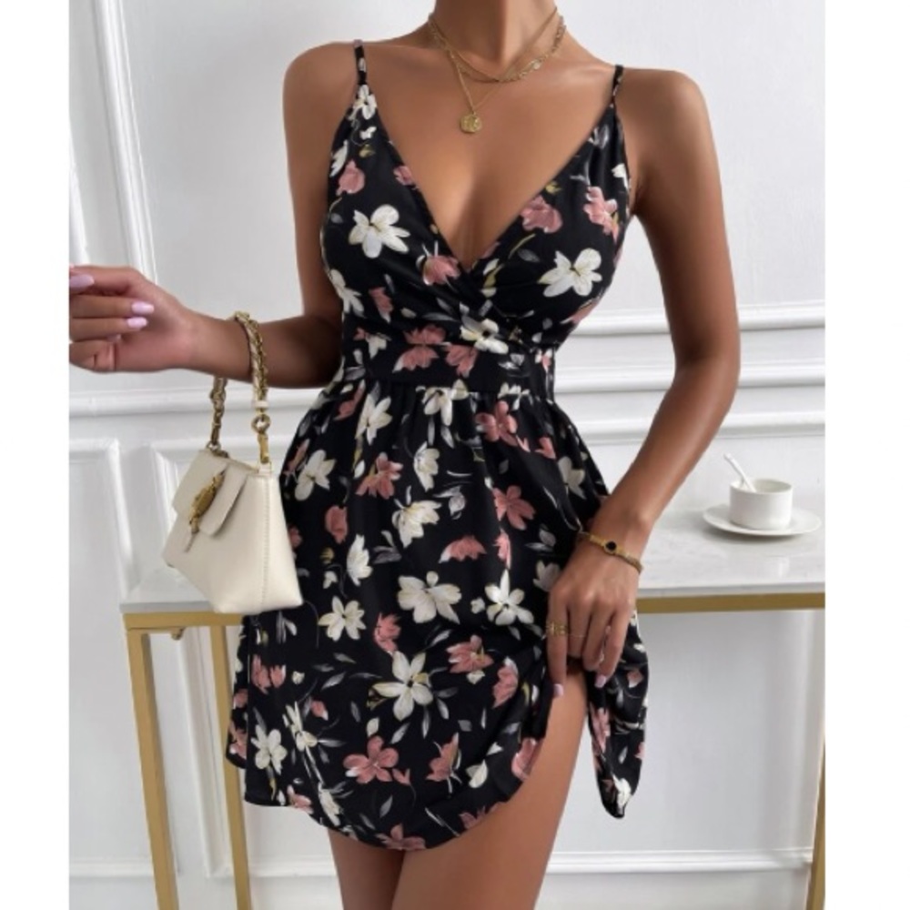 Boho floral print wrap cami dress